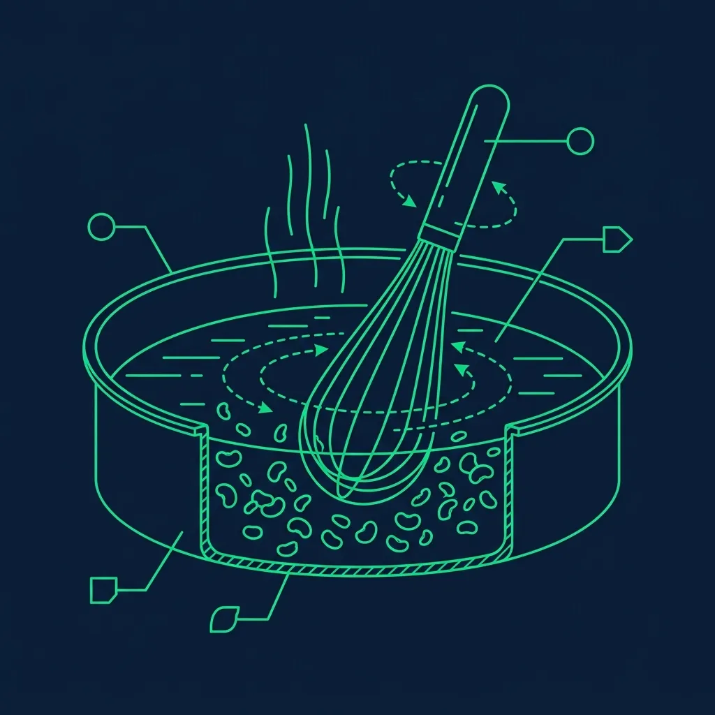 Technical schematic of a commercial whisk mixing bean pellets in a metal pan