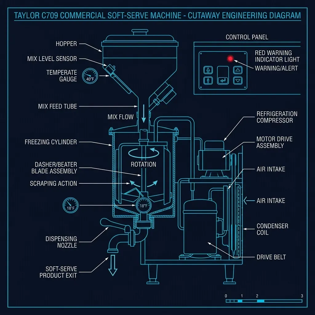 Cutaway diagram of a Taylor C709 showing the hopper, freezing cylinder, dasher blade, and dispensing nozzle