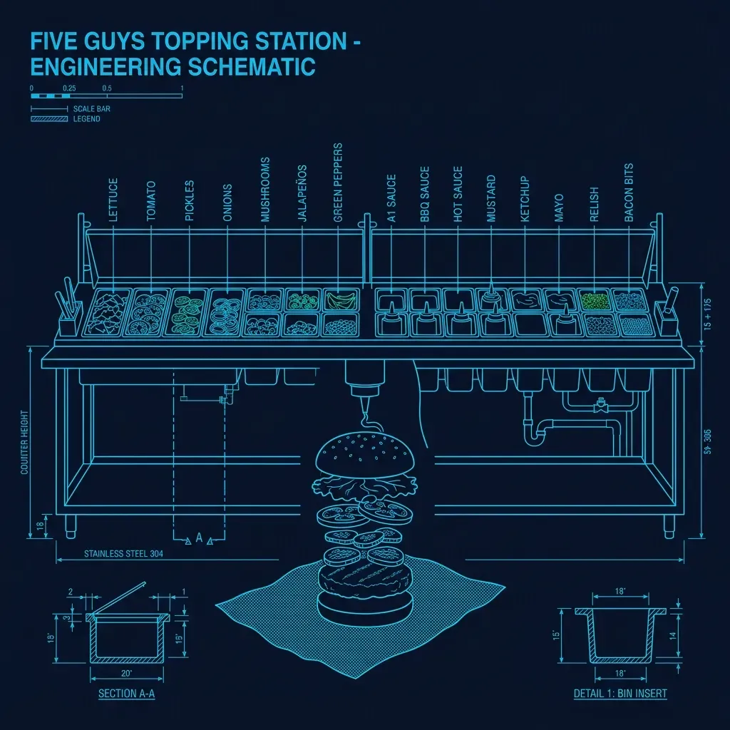 Front-view schematic of the Five Guys topping station showing 15+ ingredient bins and assembly area