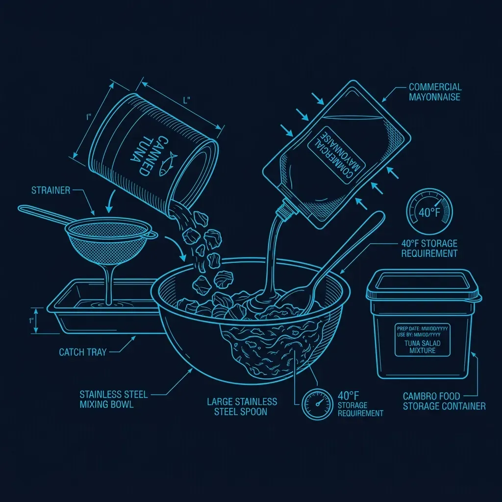 Diagram of the Subway tuna mixing process showing can draining, mayo addition, and storage