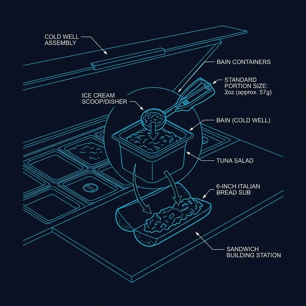 Schematic of tuna being portioned onto a sub using a standardized scoop at the sandwich station