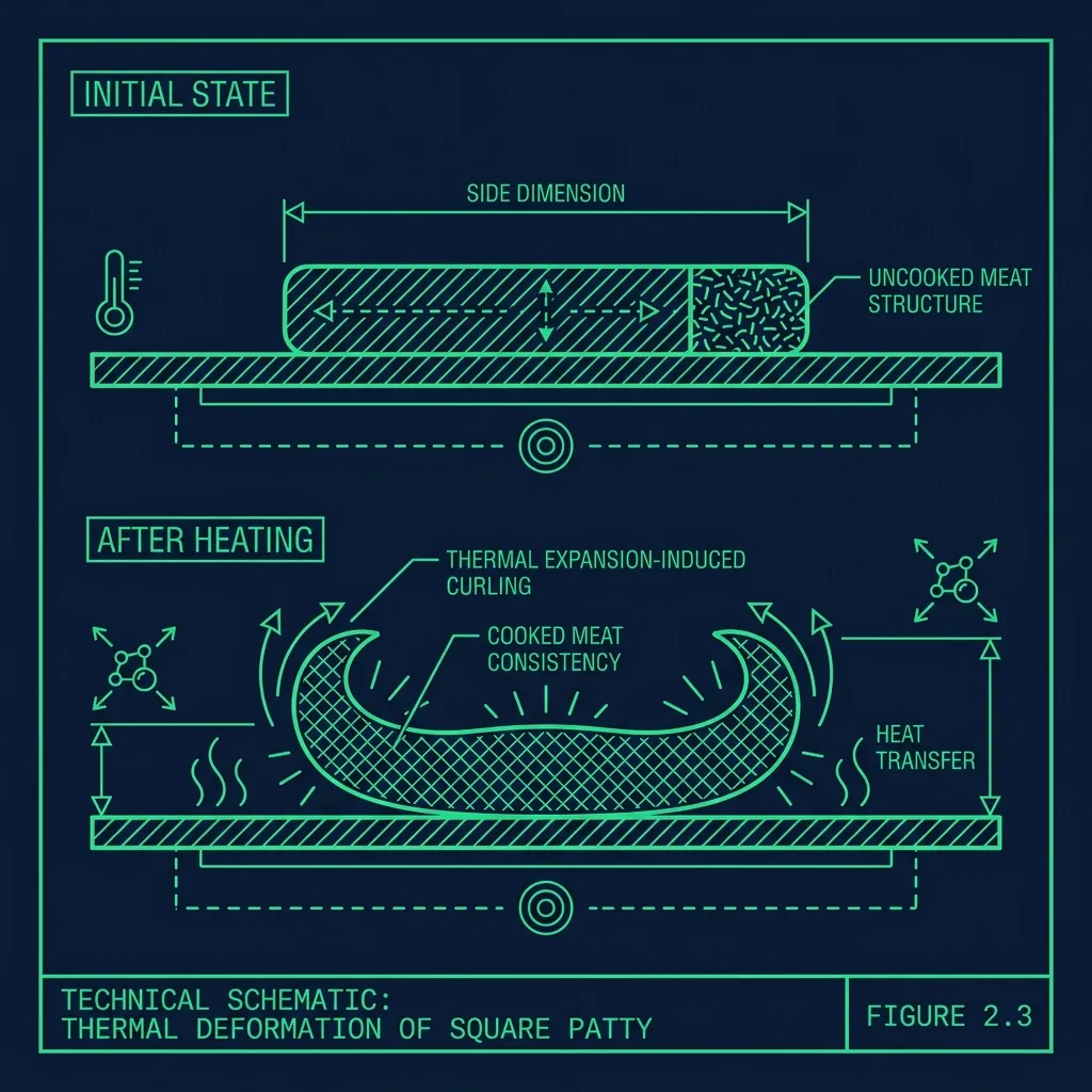 Technical schematic of a square meat patty curling on a flat top grill