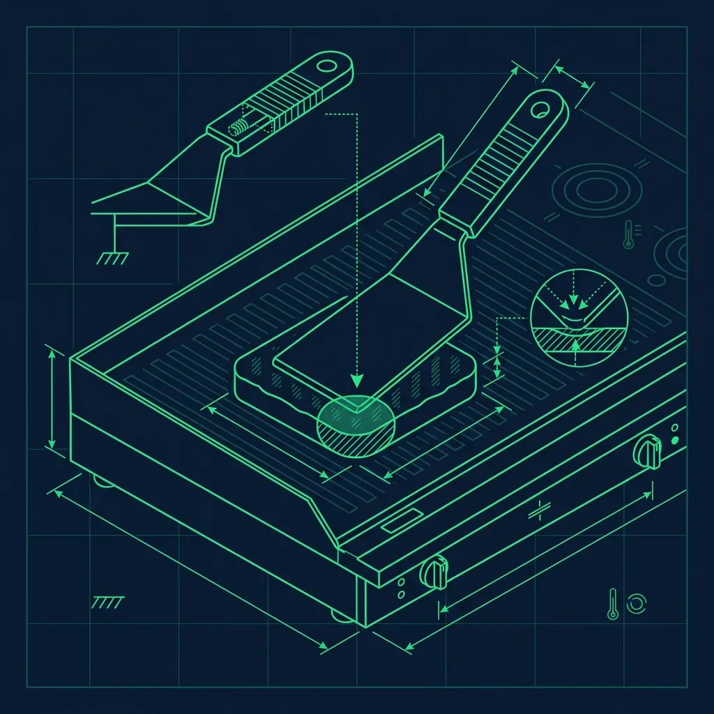 Technical schematic of a heavy metal spatula pressing the corner of a square meat patty