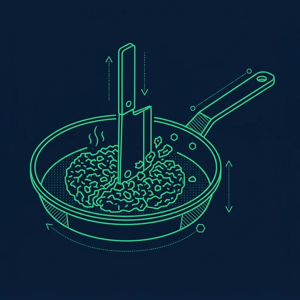 Technical schematic of a flat metal chopping tool breaking up meat in a metal pan
