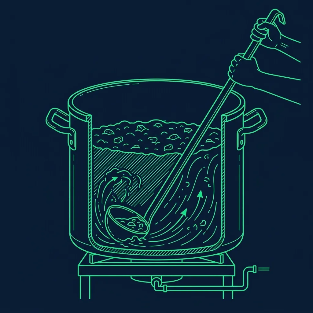 Technical schematic of a long ladle stirring chili from the bottom of a large commercial pot