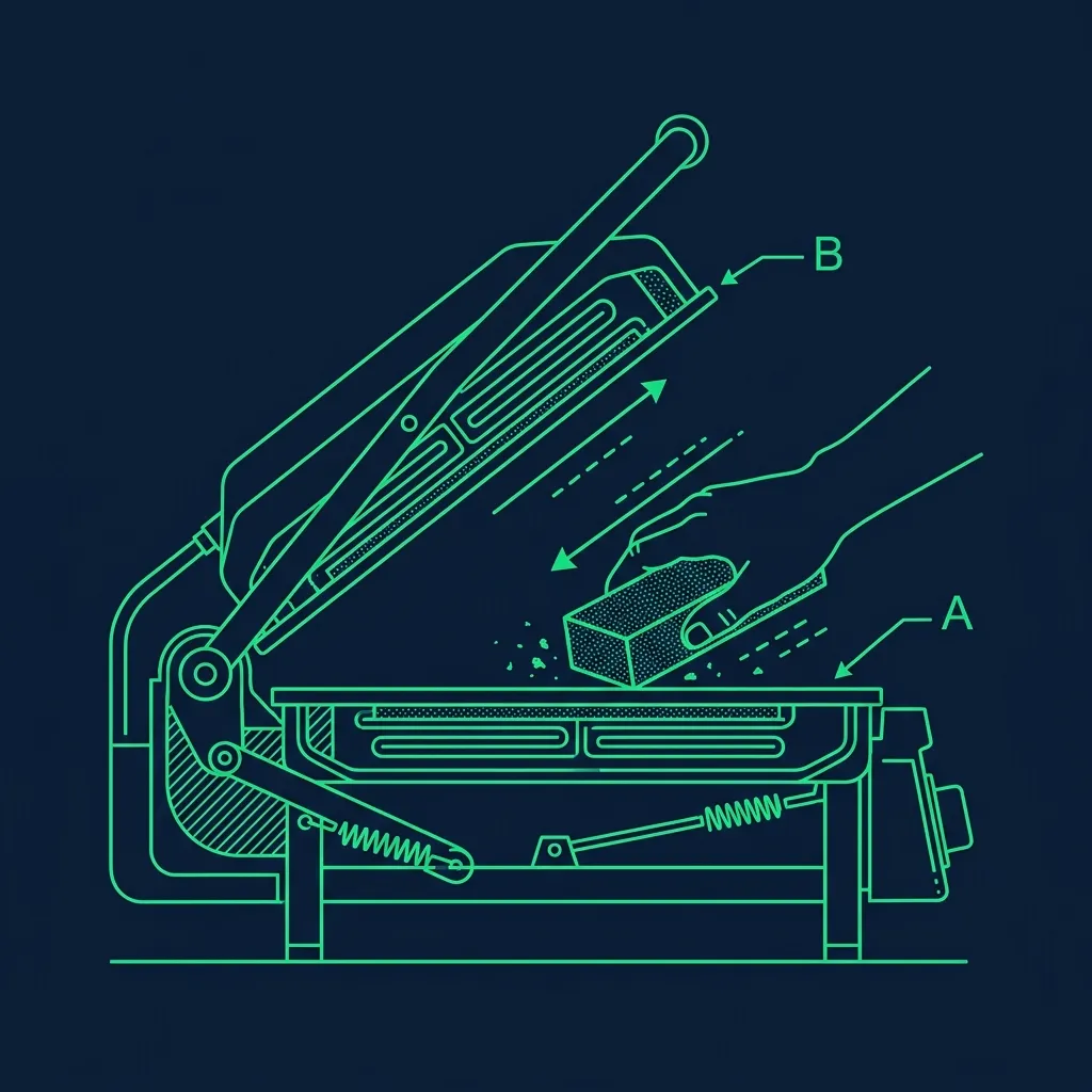 Technical schematic of a grill brick scrubbing the top platen of a clamshell grill
