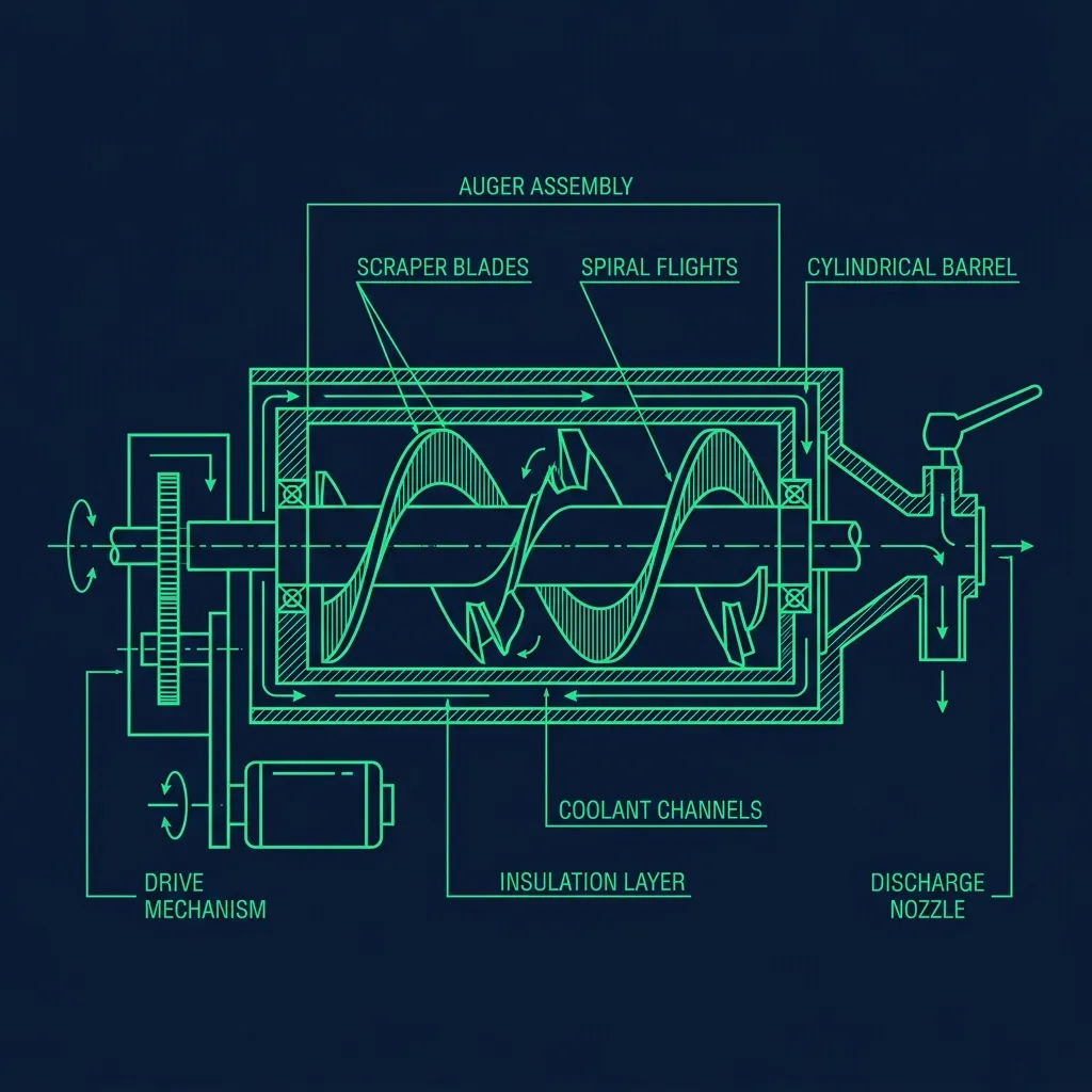 Technical schematic of a Frosty machine auger with sharp plastic scraper blades