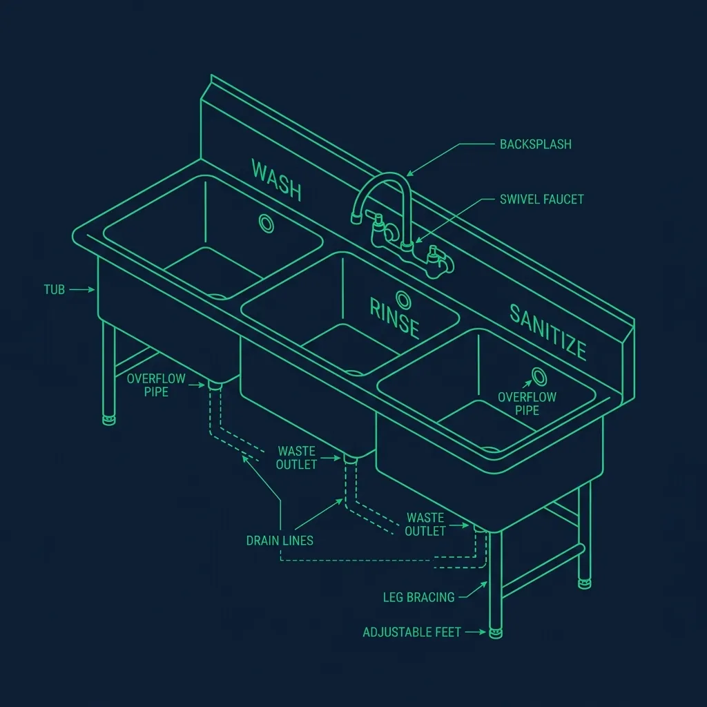 Technical schematic of a three-compartment commercial sink with metal inserts