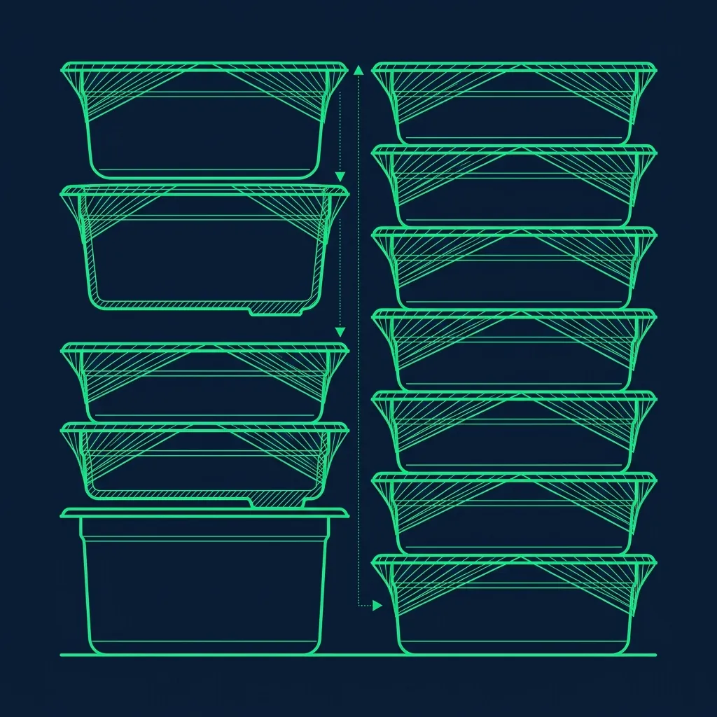 Technical schematic of metal food pans tightly sealed with plastic wrap