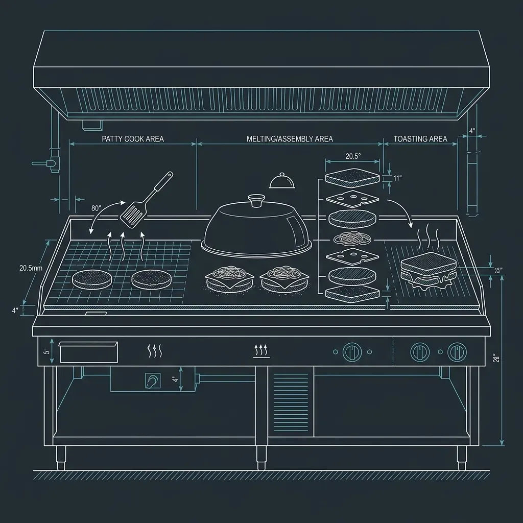 Blueprint illustration of The Grill Setup and Patty Cook